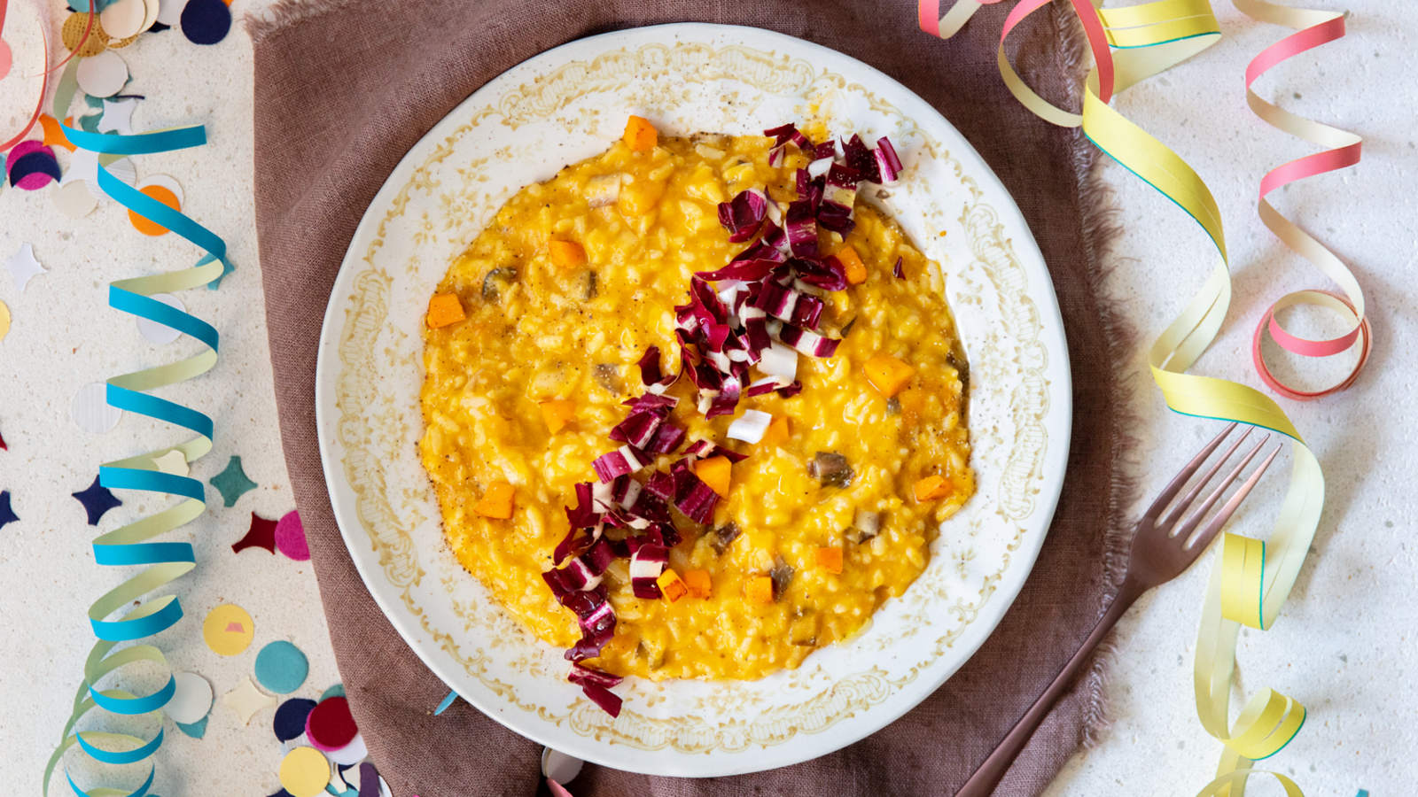 Risotto ai capperi con cubetti di zucca e radicchio di Treviso
